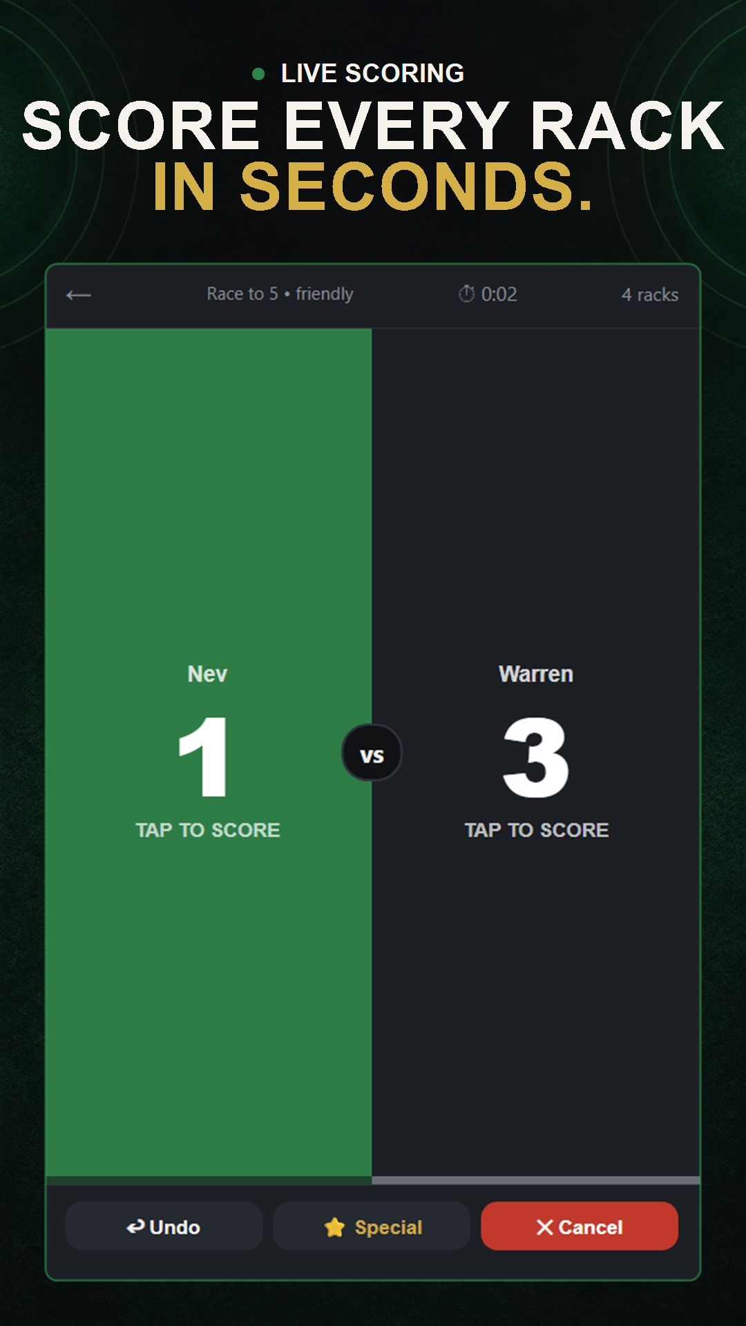 CueCount live scoring screen showing two players and their current rack scores