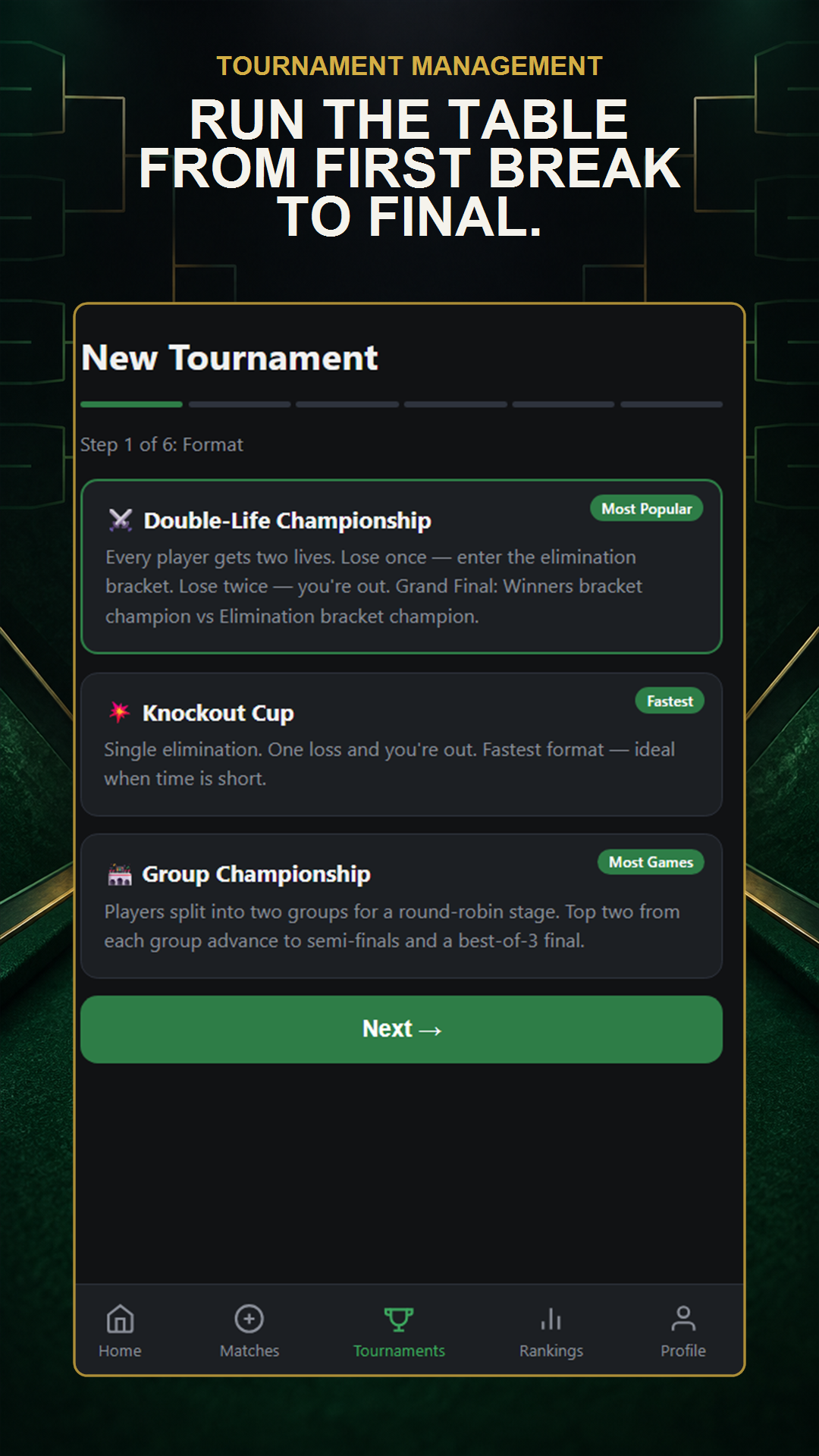 CueCount club competition screen